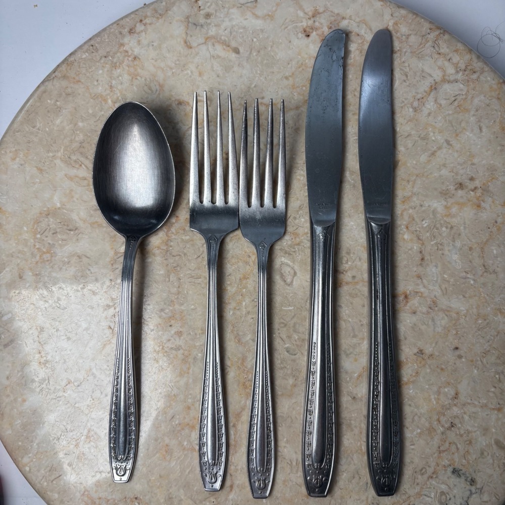Utica Cutlery Co Stainless Flatware 5pc Set Silver Art‎ Deco Lyre Japan